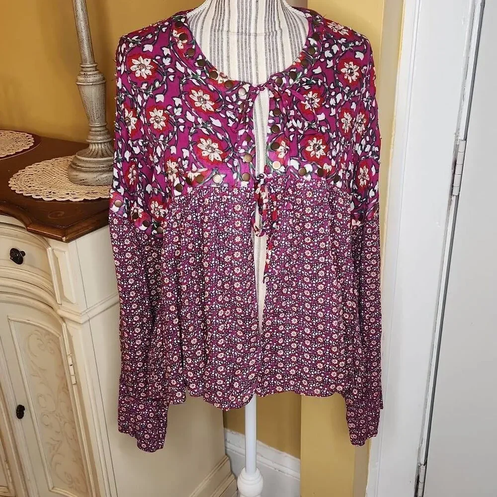 Free People Malia Babydoll Jacket | Embellished Boho Floral Tie Neck sz L
